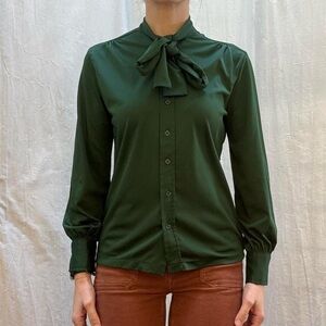 Forest Green 70s Button Down Blouse with Bow Tie Neck Ties S/M